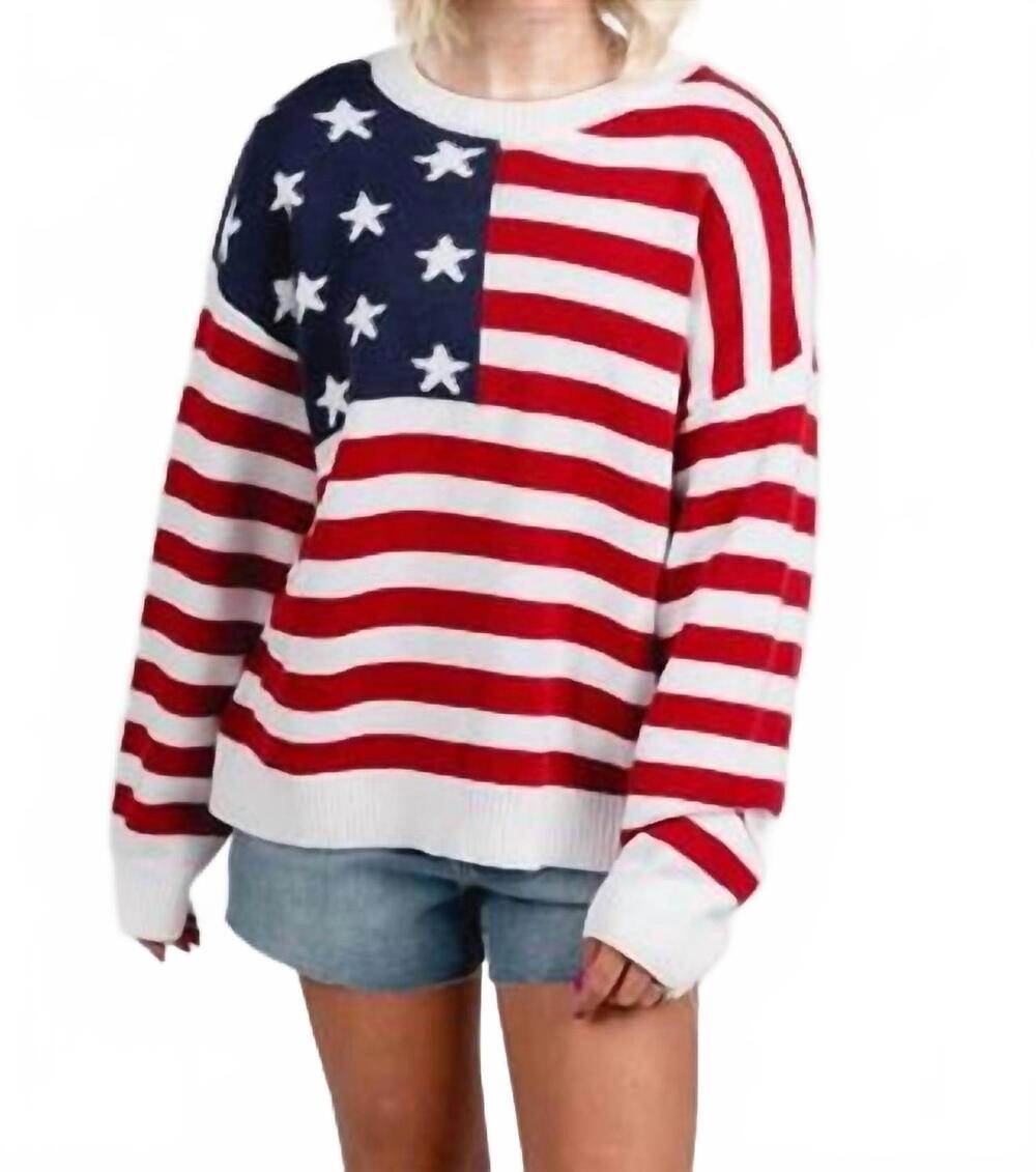 NEW LE LIS american flag sweater top in white/red stripe